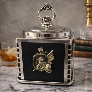 Vintage Silver & Black Ice Bucket | Medieval Crest Barware | Hollywood Regency B